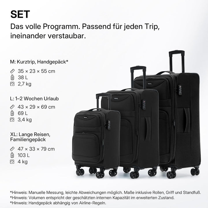 Stoffkoffer erweiterbar mit Frontfächern,15% Extra-Volumen, TSA-Schloss, 360° Doppelrollen & verdeck