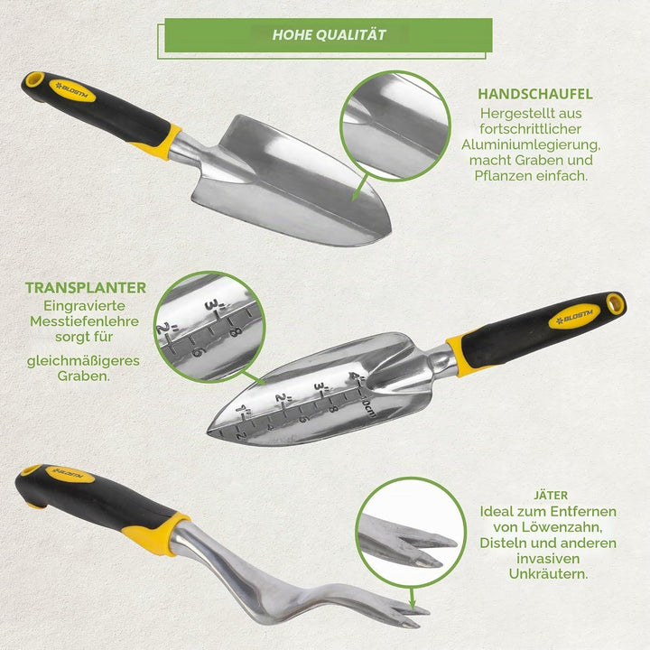 BLOSTM Gartengeräte Set 5-Teilig - Robuste Gartenwerkzeug Set mit Ergonomischen Griffen - Handschauf