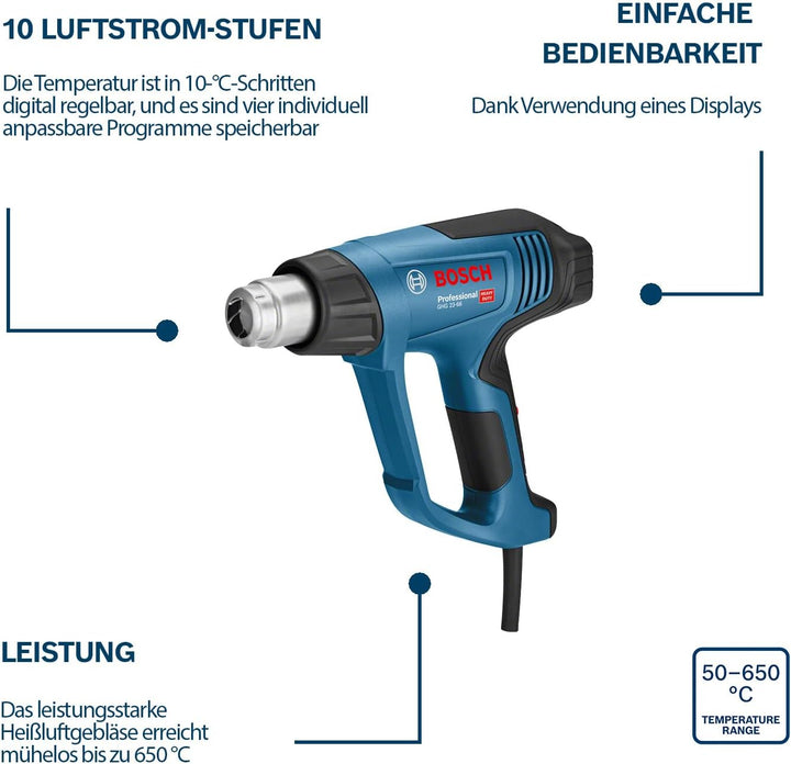 Bosch Professional Heissluftgebläse GHG 23-66 (bis zu 650 °C, 4 anpassbare Programme, inkl. Düsen, W