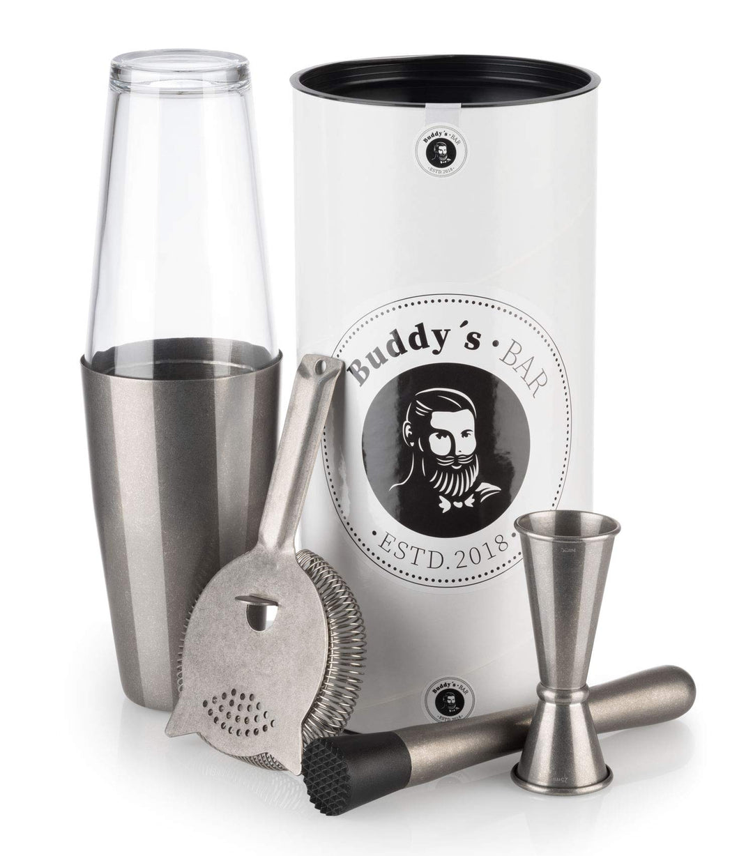 Buddy´s Bar – „Boston Bar-Set“, 700 ml, Boston Cocktail-Shaker, Barmass, Stössel, Barsieb, lebensmit
