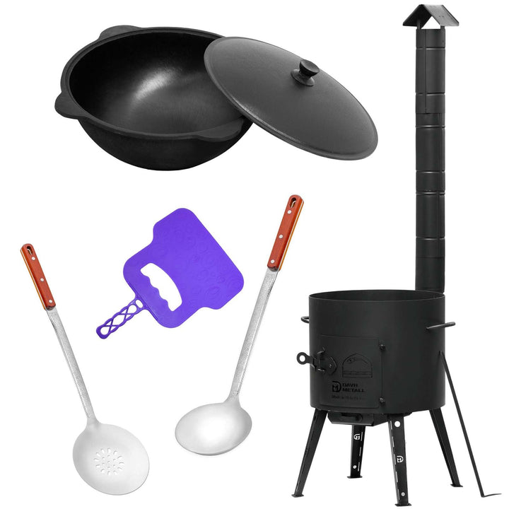 4BIG.fun Ø36 Uchag 2mm Stahl Utschak mit Abzugsrohr 10 L Kazan Eben Grillfächer Schaumkelle Suppenke
