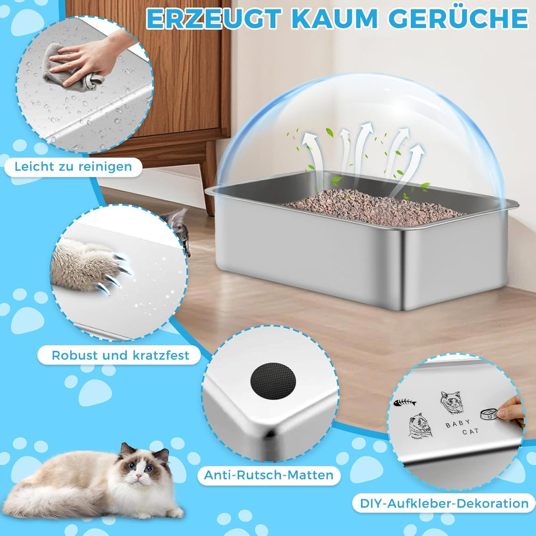 Lohofrnny Edelstahl Katzenklo, 50×35×15cm Grosse Katzentoilette aus Edelstahl, Katzenklo Geruchsfrei