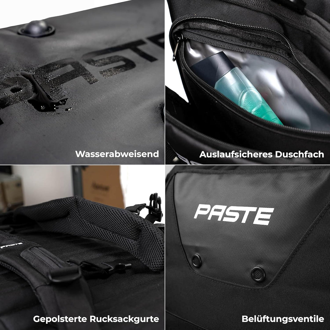 PASTE® - Premium Sporttasche 63L mit Rucksackfunktion und Kühlfunktion, Schuhfach & Nassfach Schwarz