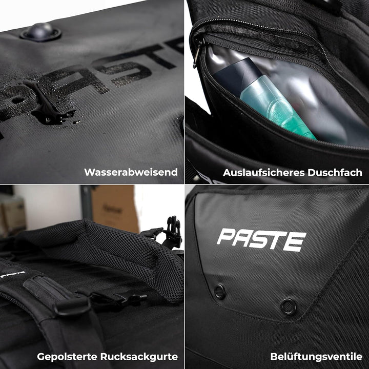 PASTE® - Premium Sporttasche 63L mit Rucksackfunktion und Kühlfunktion, Schuhfach & Nassfach Schwarz