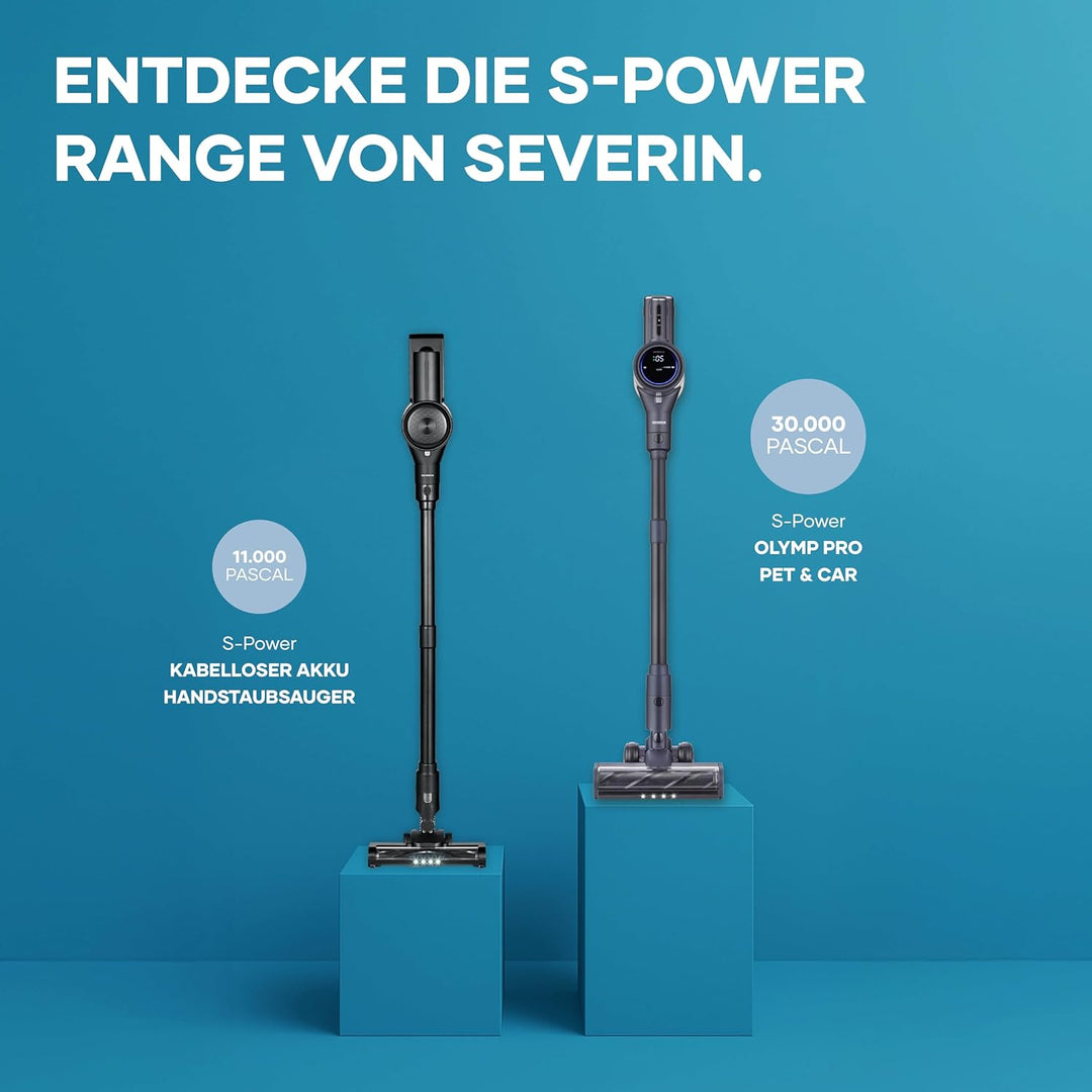 Severin Akku-Handstaubsauger kabellos, 5 Aufsätze, für Tierhaare/Auto/Hartböden, 30.000Pa/400W/60Min