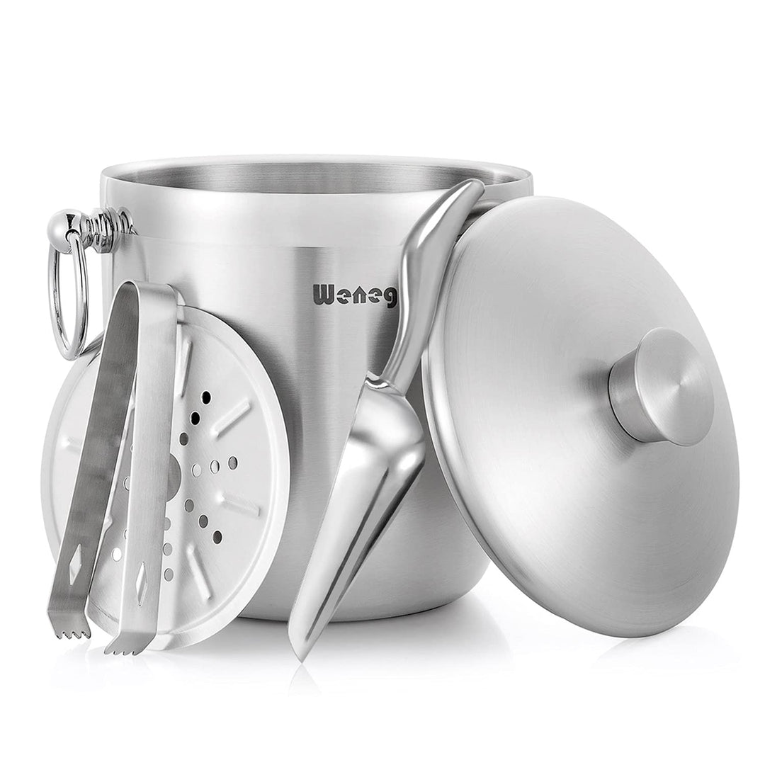 3L Eiskübel Edelstahl mit Deckel, Schaufel, Zange und Sieb – gut verarbeiteter isolierter Edelstahl