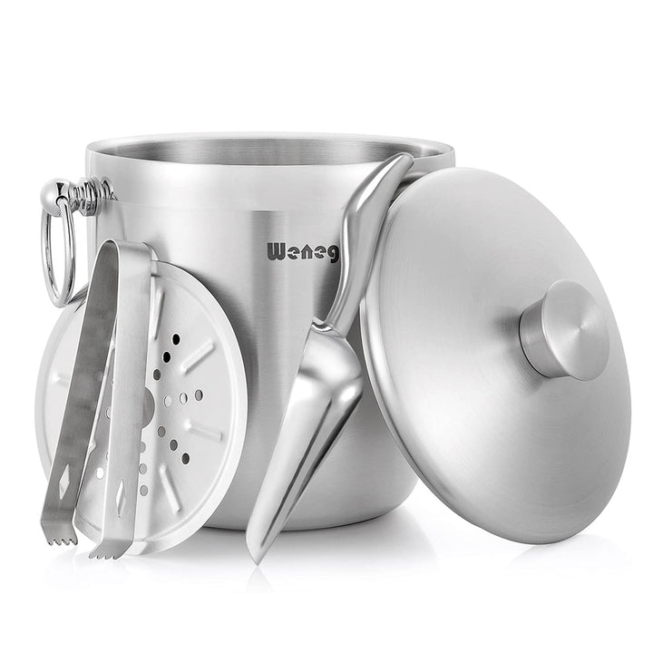 3L Eiskübel Edelstahl mit Deckel, Schaufel, Zange und Sieb – gut verarbeiteter isolierter Edelstahl