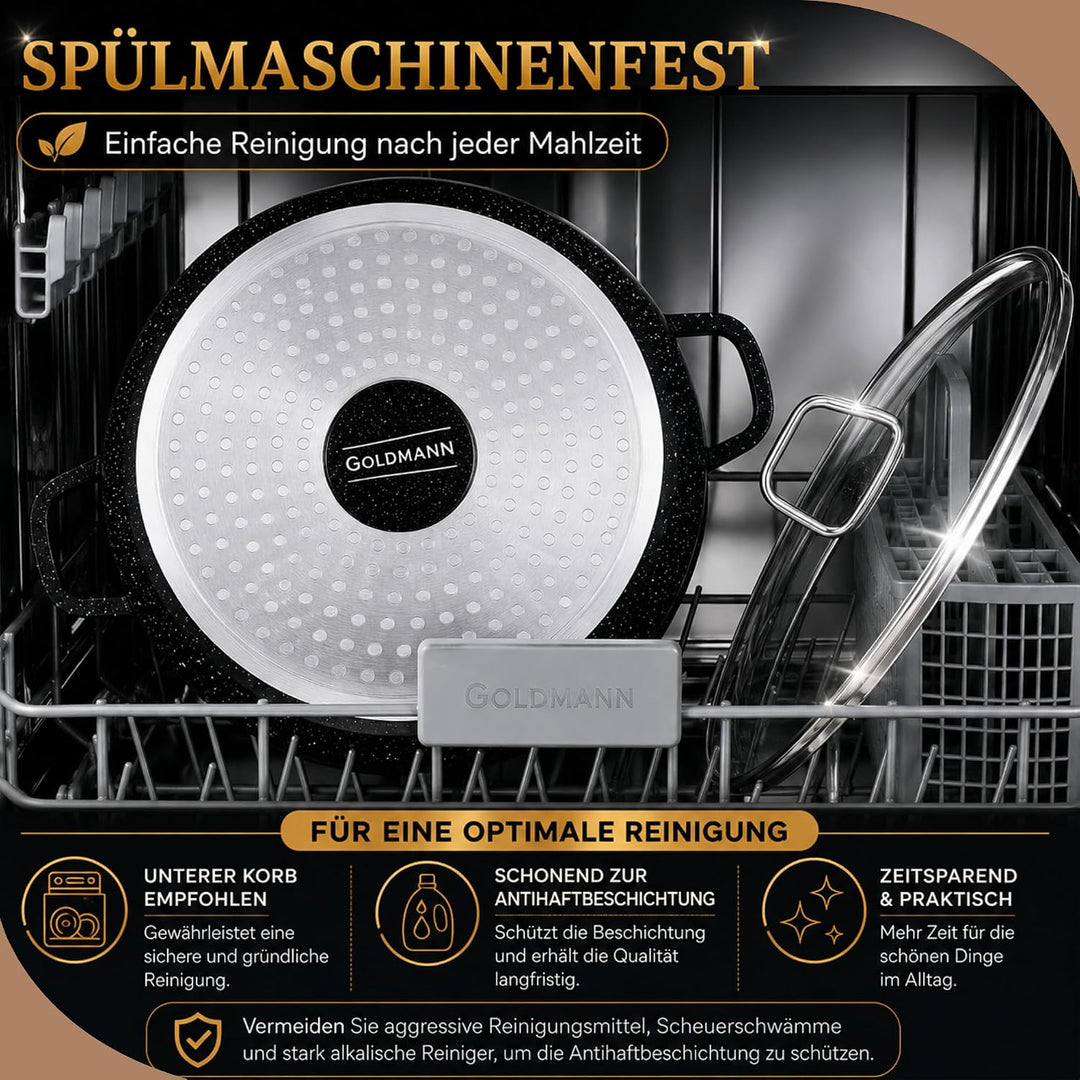 GOLDMANN Premium Gussaluminium Kochtopf 28 CM – 6.5L – Keramik-Marmor-Antihaft-Kasserolle mit Glasde