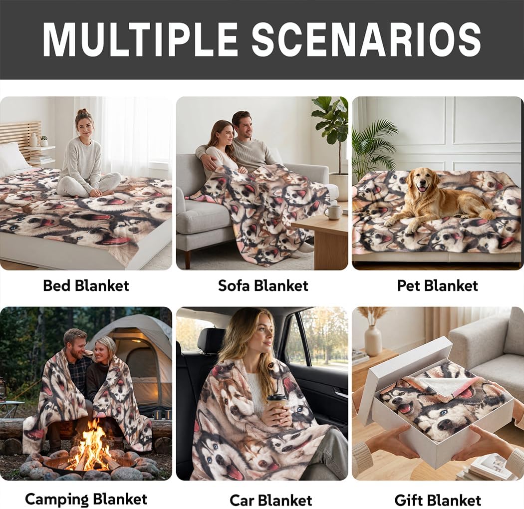 Husky Collage Flanell Decke, Lustige Wohndecke mit Husky-Gesichtern, Hundedecke für Hundefans, 150x2