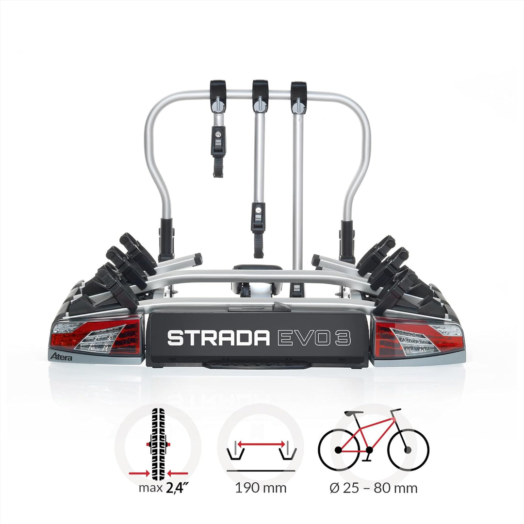 Atera 022701 PKW Fahrradträger Strada Evo 3, Auto-Kupplungsträger mit Rückleuchten - für 3 Fahrräder