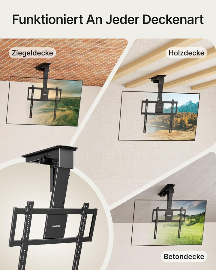 monTEK Motorisierte TV Deckenhalterung von 32-75 Zoll bis zu 55 kg, Klapp Deckenhalterung für Flache