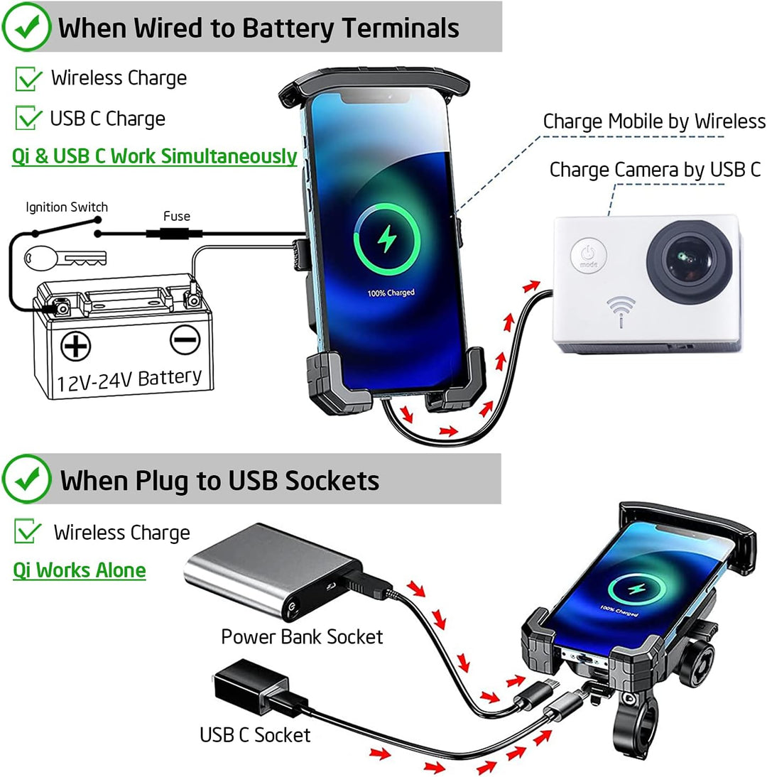 iMESTOU Motorrad Kabellose Telefonhalterung Ladegerät mit Qi &amp; USB C Port, Anti-Diebstahl 1 "Ball Le