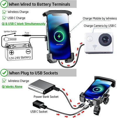 iMESTOU Motorrad Kabellose Telefonhalterung Ladegerät mit Qi & USB C Port, Anti-Diebstahl 1 "Ball Le