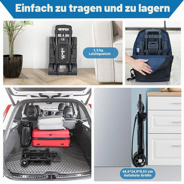 ZHJINGYU Sackkarre Klappbar, 35KG Transportkarre mit Teleskopstange, 2 Expanderseilen inklusive - Le