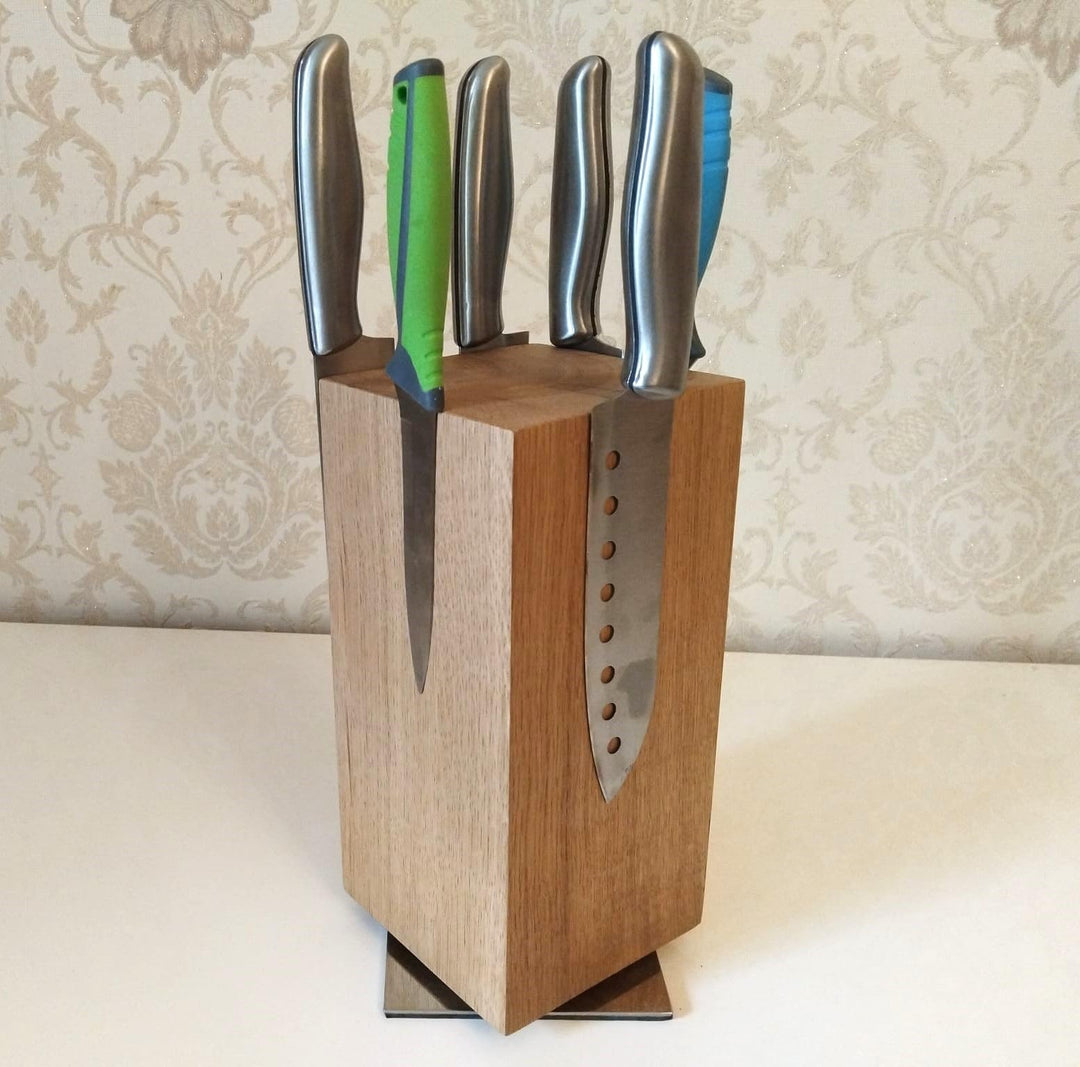 360°Drehbarer Messerblock onhe Messern, magnetisch Eicheh Holz, Messerständer, Messer Halter Küche,