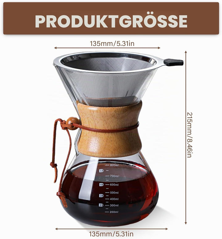 Pour Over Kaffeebereiter, 800 ml Permanentfilter Pour Over Kaffeebereiter, Borosilikat Glaskanne mit