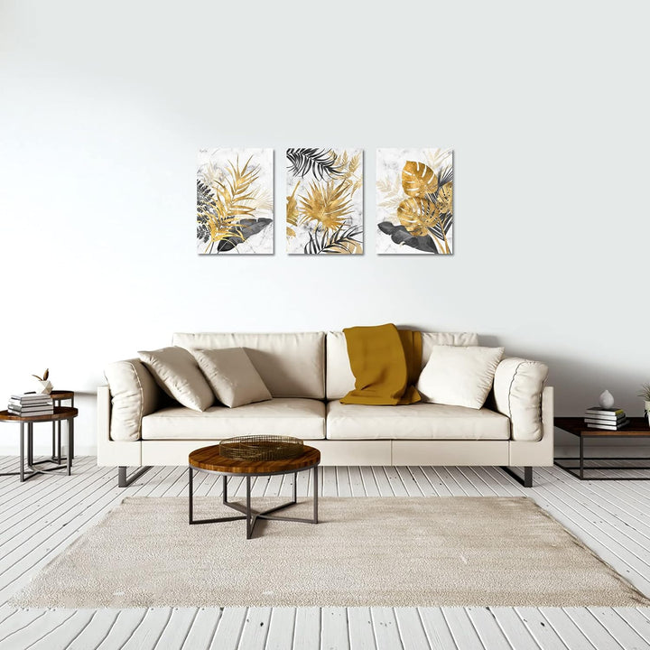 3 Teilig Leinwandbilder Bilder mit Rahmen Abstrakt Grau Gold Blätter bild auf leinwand Wandkunst Mod