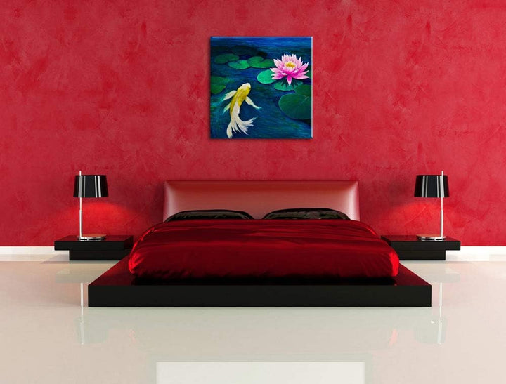 Koi mit Seerose Kunst, Format: 70x70 auf Leinwand, XXL riesige Bilder fertig gerahmt mit Keilrahmen,