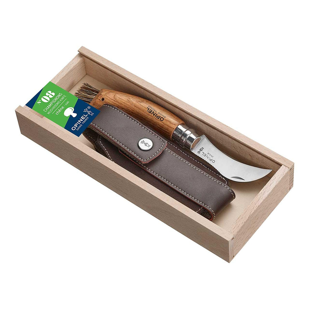 Opinel Pilzmesser, rostfreier Sandvik-Stahl, Eichenholz, Wildschweinborsten, Segeltuch-Etui, Holzbox