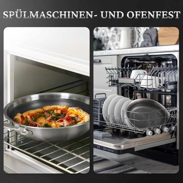 KOKHUB 28 cm Bratpfanne mit Deckel Induktion, Tri-Ply Edelstahl Hybrid Wabenstruktur Antihaft Pfanne