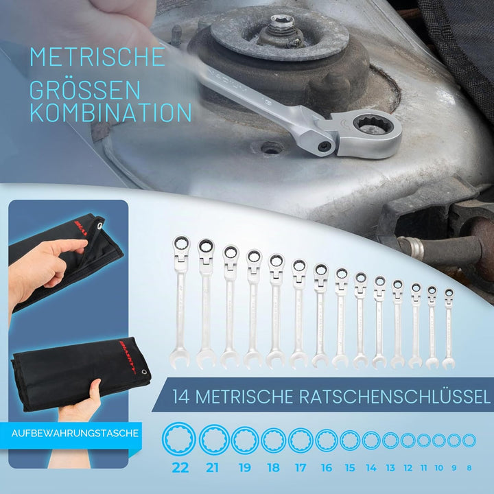 14-Tlg. Gelenk-Ratschenschlüssel Satz I Set 8-22 mm Gabelschlüssel-Ringmaul-Schlüssel-Set 14 Stück F