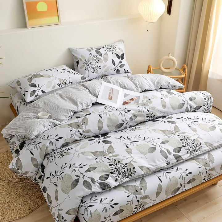 Damier Bettwäsche 200x200 Blätter Motiv Weiss Schwarz Bettbezug Set Kuschelig Weich Mikrofaser Bettw