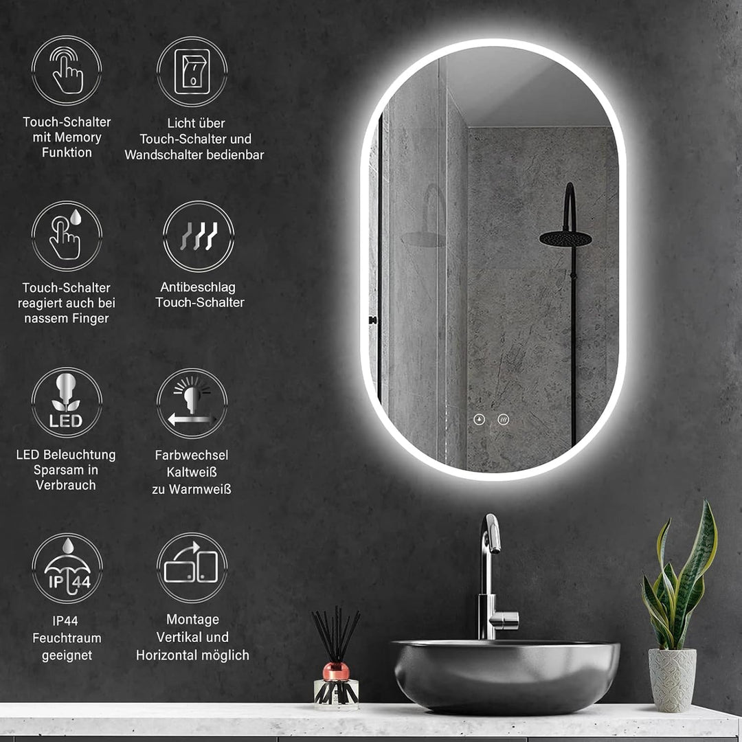 90x50 cm Badspiegel mit Beleuchtung Oval mit Antibeschlag, Badezimmer Spiegel mit LED, Wandspiegel L
