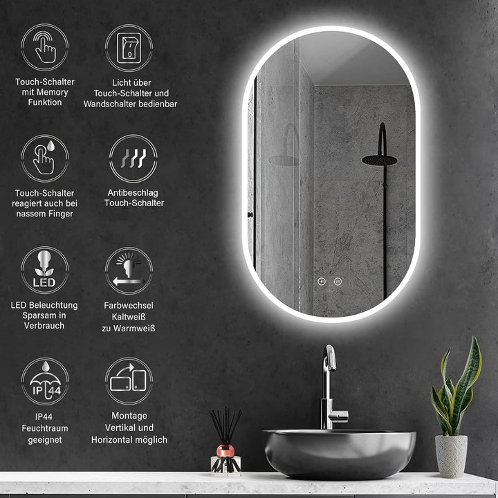90x50 cm Badspiegel mit Beleuchtung Oval mit Antibeschlag, Badezimmer Spiegel mit LED, Wandspiegel L