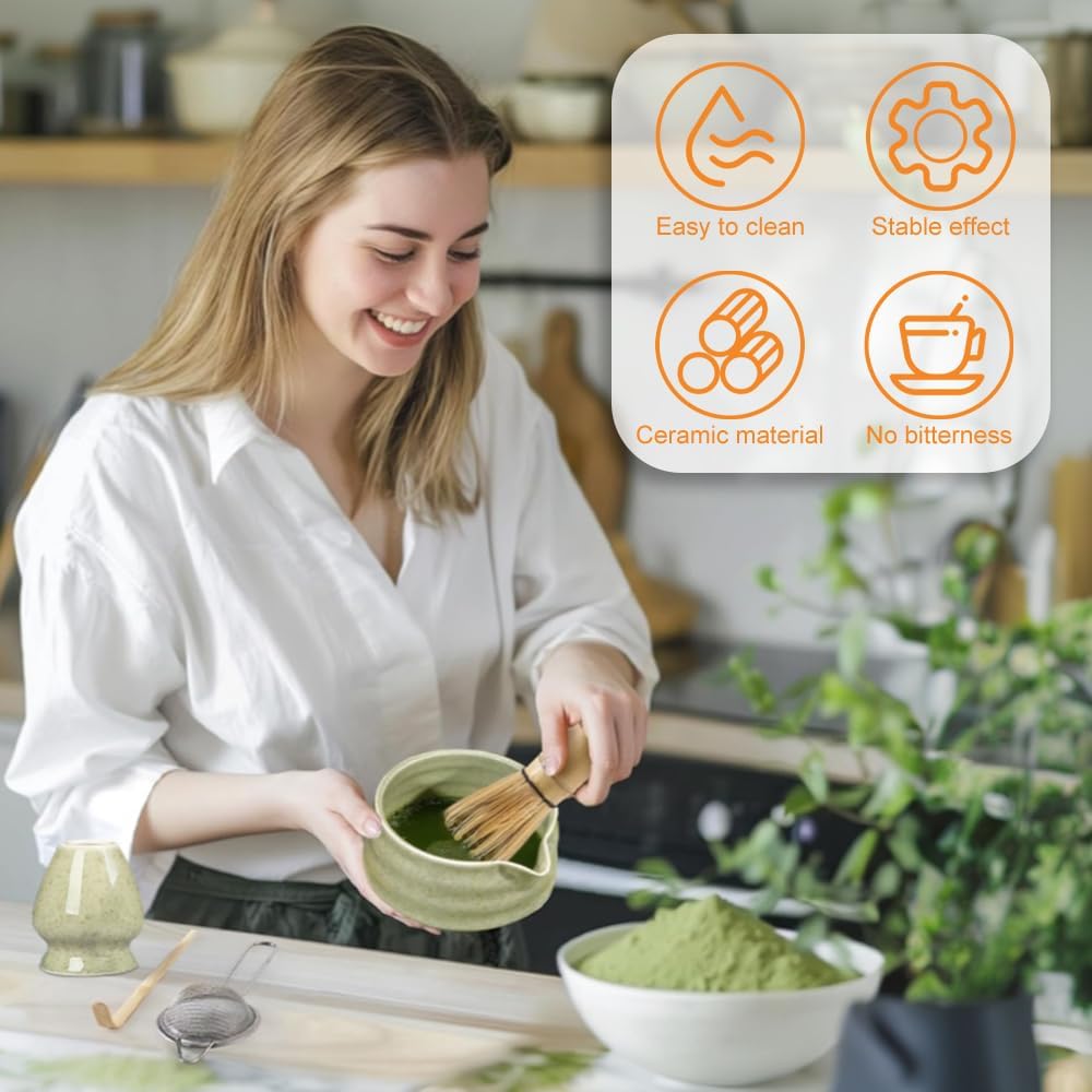 Matcha Set Grün,Macha Tea Set mit MatchaSchale Löffel Sieb Whisk Besen und Matcha Besen Halter,Cerem