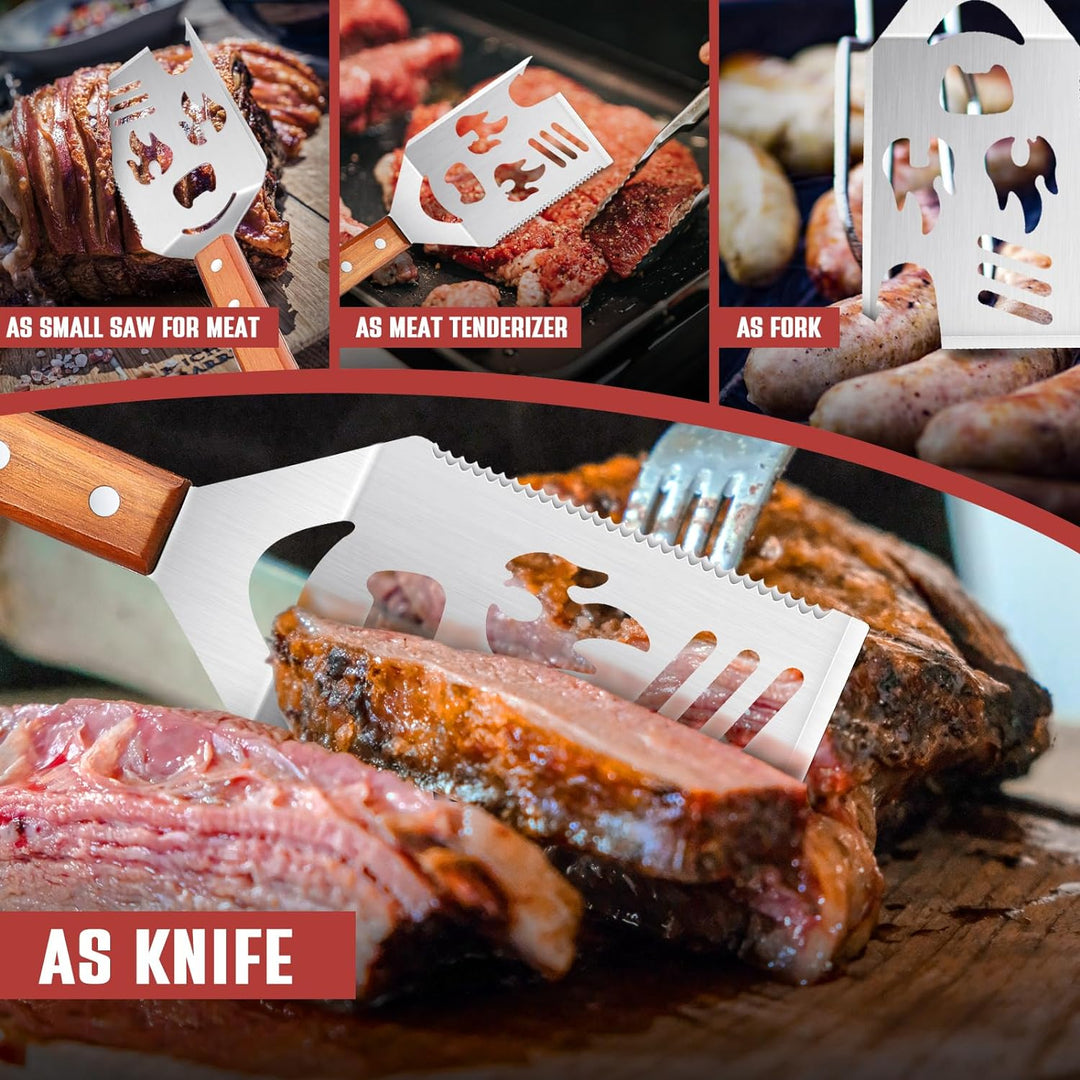 8 in 1 Grillspachtel für Barbecue, Grillbesteck mit Holzgriff, Multifunktionales Grill Zubehör, 40.5