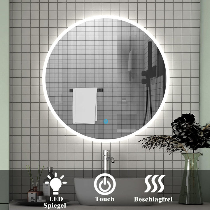 Aica Sanitär LED Badspiegel rund 50 cm Touch Beschlagfrei Wandspiegel mit Beleuchtung Lichtspiegel B