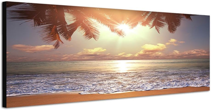 Panoramabild auf Leinwand und Keilrahmen 120x40cm Tropen Strand Meer Palme Abendsonne