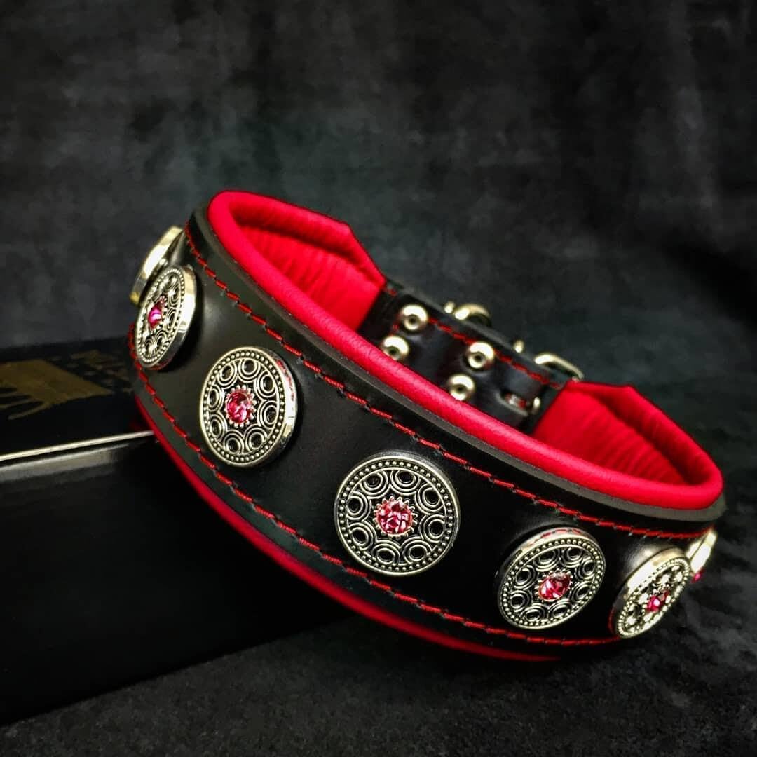 Bestia Bijou Hundehalsband mit Zierconchos. 100% Leder. Weich gepolstert. Handgefertigt in Europa! L