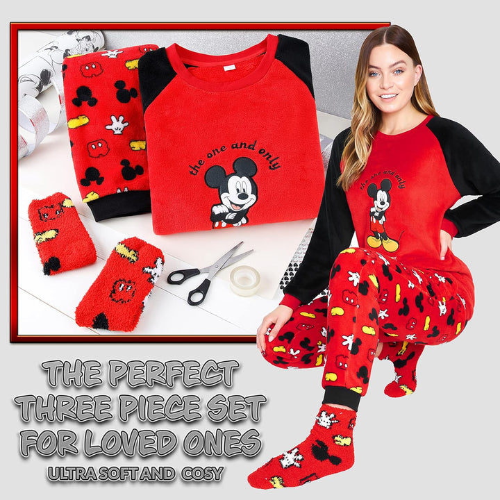 Disney Schlafanzug Damen mit Kuschelsocken Set Charaktere Stitch Geschenke Set M Rot Mickey, M Rot M