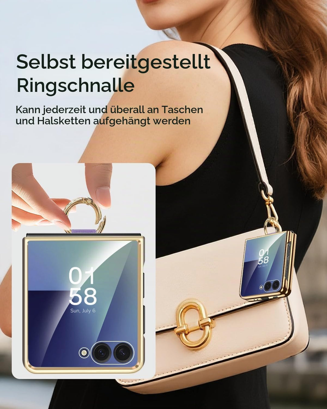Miimall Lederhülle Kompatibel mit Samsung Galaxy Z Flip 7 Hülle mit Ring Ständer &amp; Kameraschutz [Lux
