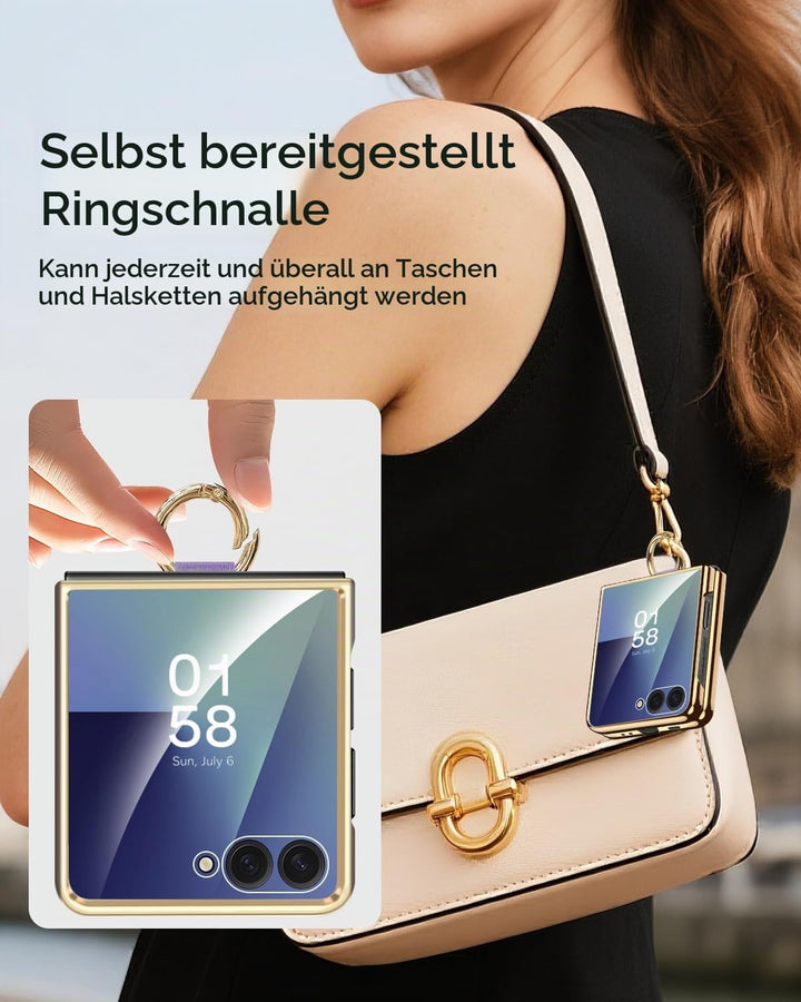 Miimall Lederhülle Kompatibel mit Samsung Galaxy Z Flip 7 Hülle mit Ring Ständer &amp; Kameraschutz [Lux