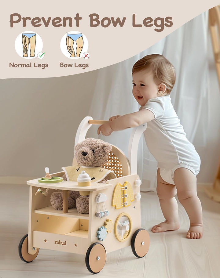 ROBUD Holz lauflernhilfe Baby Walker, 2-In-1 Puppe Lauflernwagen mit Montessori Busy Activity Board