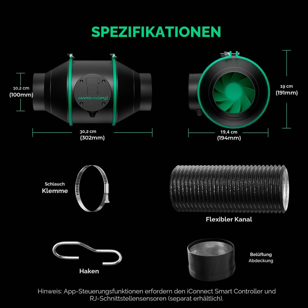 MARS HYDRO iFresh 10.2 cm Smart Inline Fan Combo mit variablem Geschwindigkeitsregler, Temperatur- u