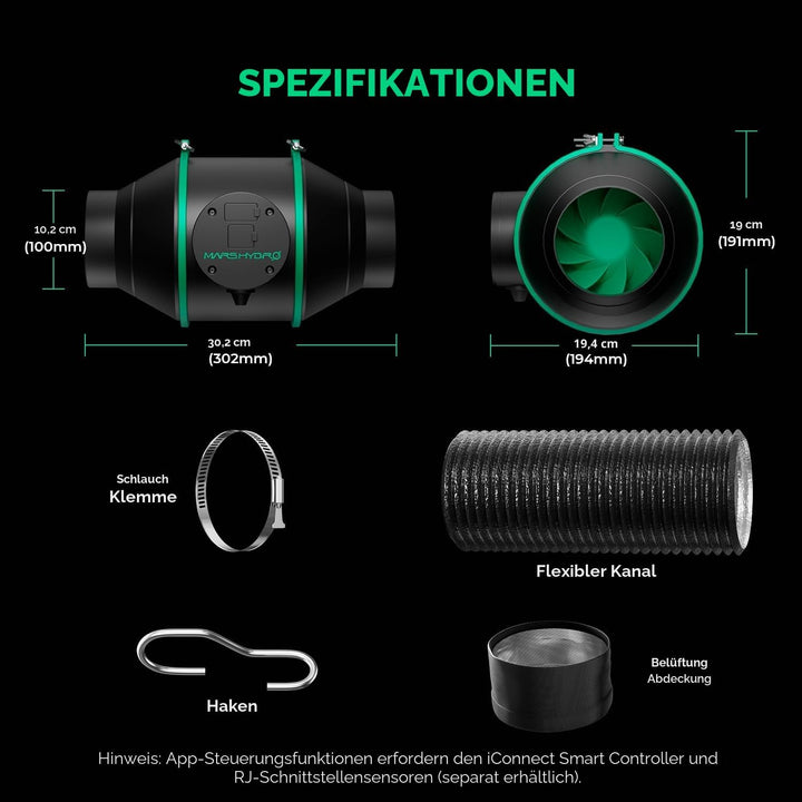 MARS HYDRO iFresh 10.2 cm Smart Inline Fan Combo mit variablem Geschwindigkeitsregler, Temperatur- u