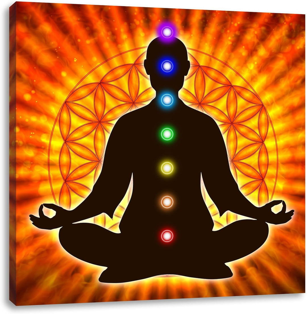 Pixxprint Meditation mit den 7 Chakren als Leinwandbild/Grösse: 70x70 cm/Wandbild/Kunstdruck/fertig
