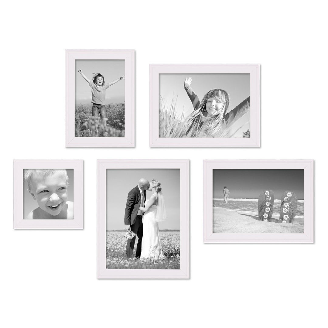 PHOTOLINI Bilderrahmen-Set Holz Weiss Landhaus-Stil, 5er Set Holz-Rahmen, Made in Germany, Echtglas,