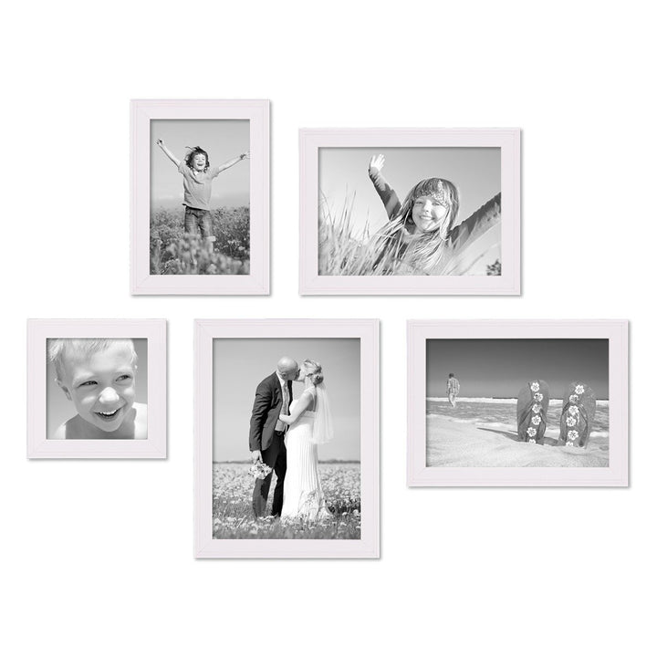 PHOTOLINI Bilderrahmen-Set Holz Weiss Landhaus-Stil, 5er Set Holz-Rahmen, Made in Germany, Echtglas,