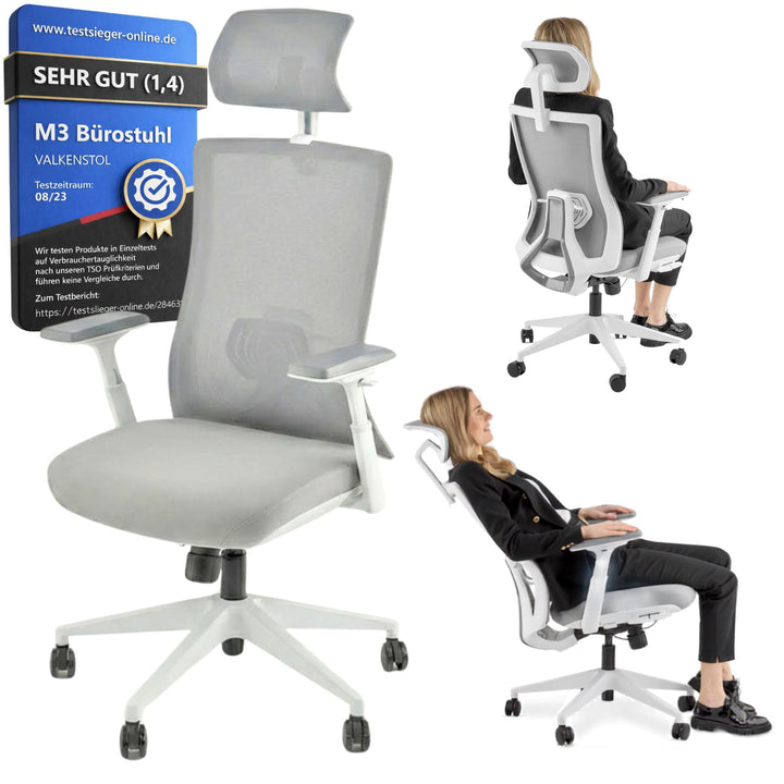 VALKENSTOL M3 Pro Ergonomischer Bürostuhl 150 kg Grau – [Höhenverstellbare Lordosenstütze] Schreibti