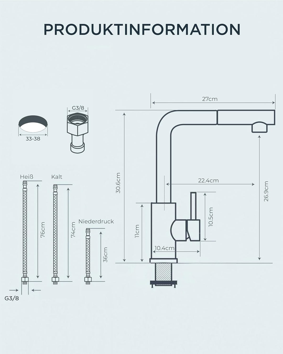 FORIOUS Niederdruck-Küchenarmatur, Einhebel-Warm- und Kaltwasserhahn, Wasserhahn mit 3 anschluessen