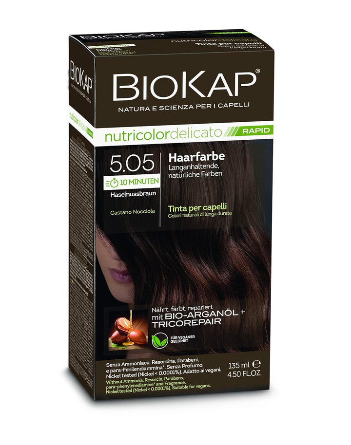 BIOKAP RAPID Permanente Haarfarbe 5.05 Haselnussbraun | NUR 10 MINUTEN EINWIRKZEIT | Bio Arganöl - T