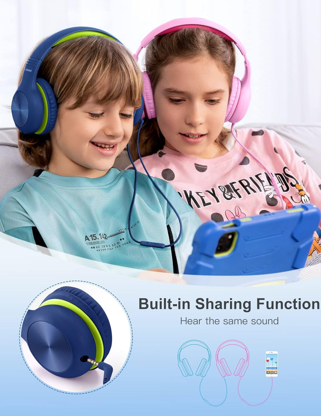 Nabevi Kinder Kopfhörer, Kopfhörer Kinder mit Kabel, 85/94dB Lautstärkegrenze, HD-Ton, Sharing-Funkt