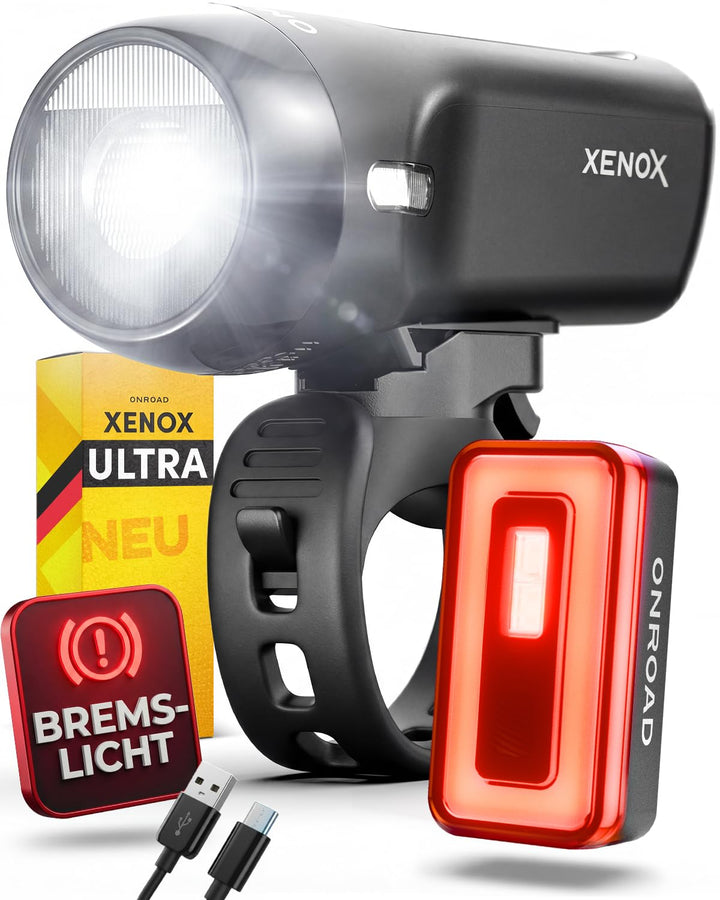 LED Fahrradlicht Set XENOX mit Bremslicht, 14h Akkulaufzeit &amp; USB-C aufladbar - Fahrrad Licht vorne