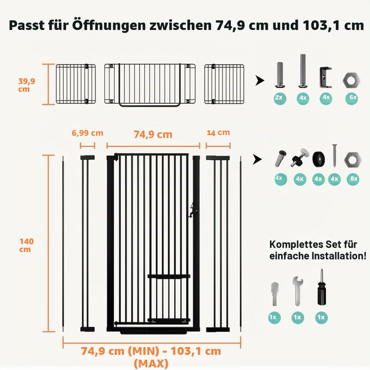 COMOMY 180 cm Extra Hoch Türgitter Katze/Hund, 75-103 cm Extra Breit Türschutzgitter mit Verstellbar