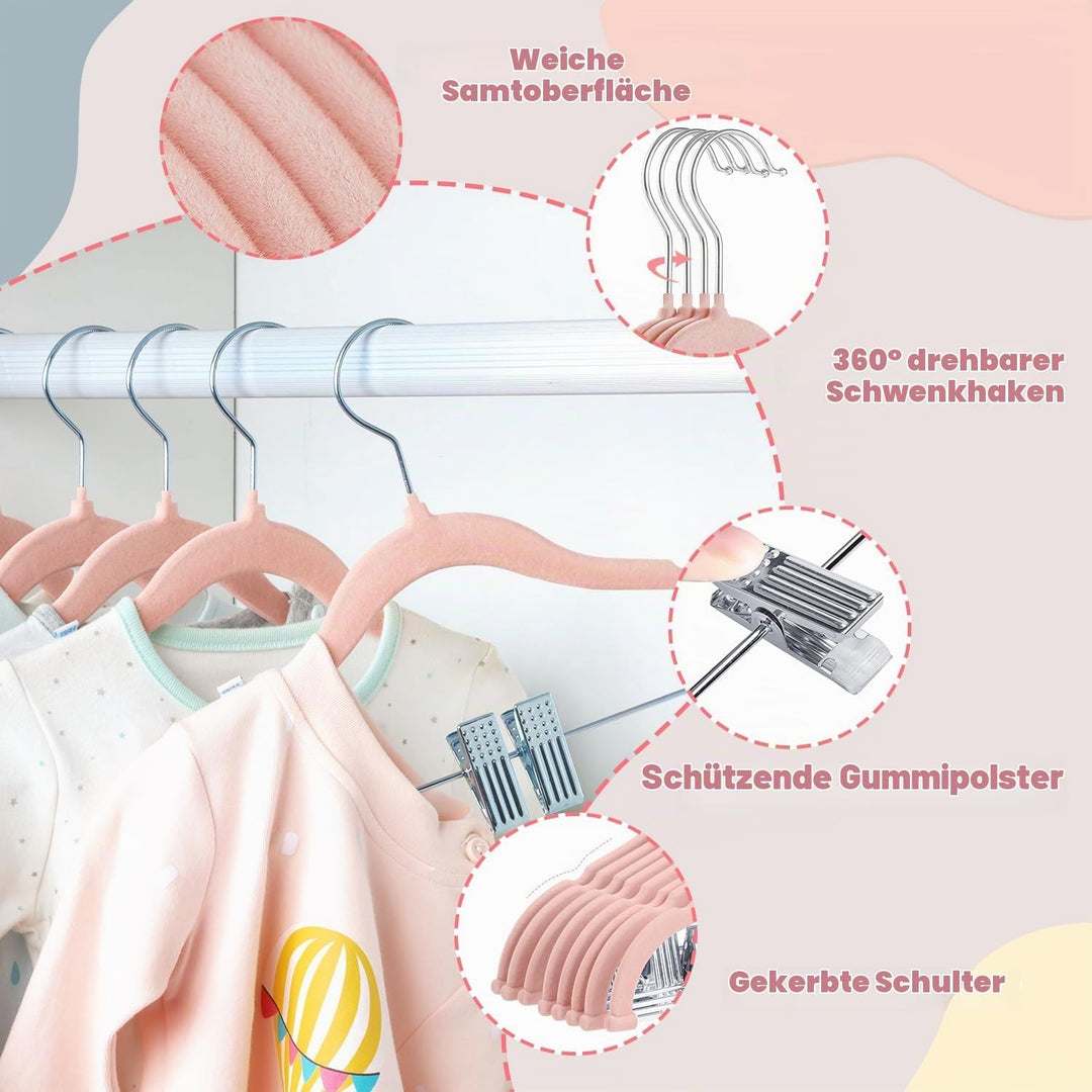 ManGotree Kinder-Rockbügel, 28 Pack Baby-Samtbügel mit beweglichen Clips, rutschfeste Hosenbügel, 30