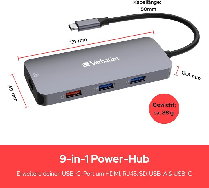 Verbatim USB C Hub 9-in-1, Multiport Adapter USB-C auf HDMI, RJ45, USBA-A und USB-C, mit SD Kartenle